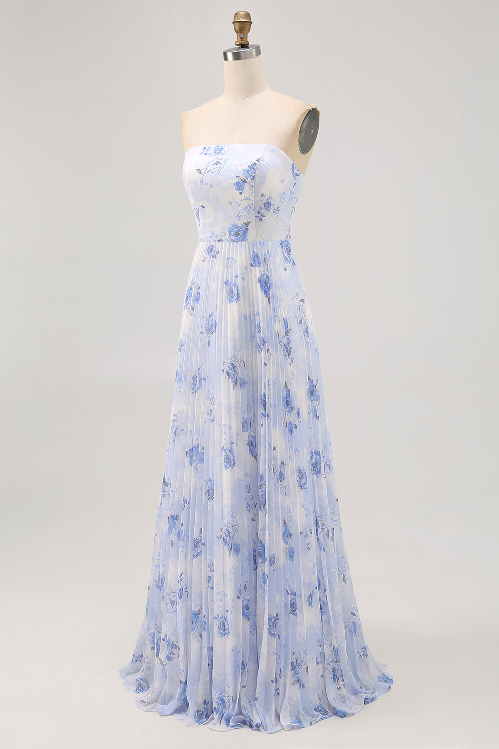 Blue Floral A Line Strapless Pleated Long Bridesmaid Dress