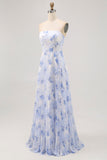 Blue Floral A Line Strapless Pleated Long Bridesmaid Dress