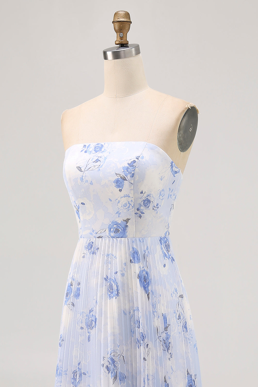Blue Floral A Line Strapless Pleated Long Bridesmaid Dress