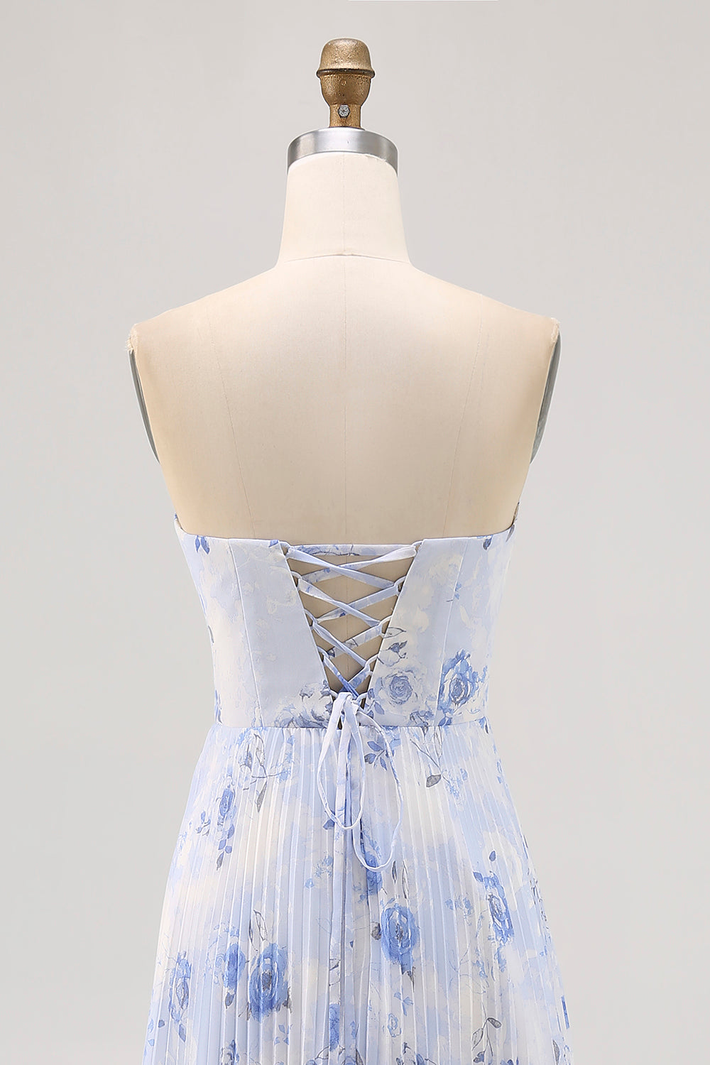 Blue Floral A Line Strapless Pleated Long Bridesmaid Dress