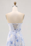 Blue Floral A Line Strapless Pleated Long Bridesmaid Dress