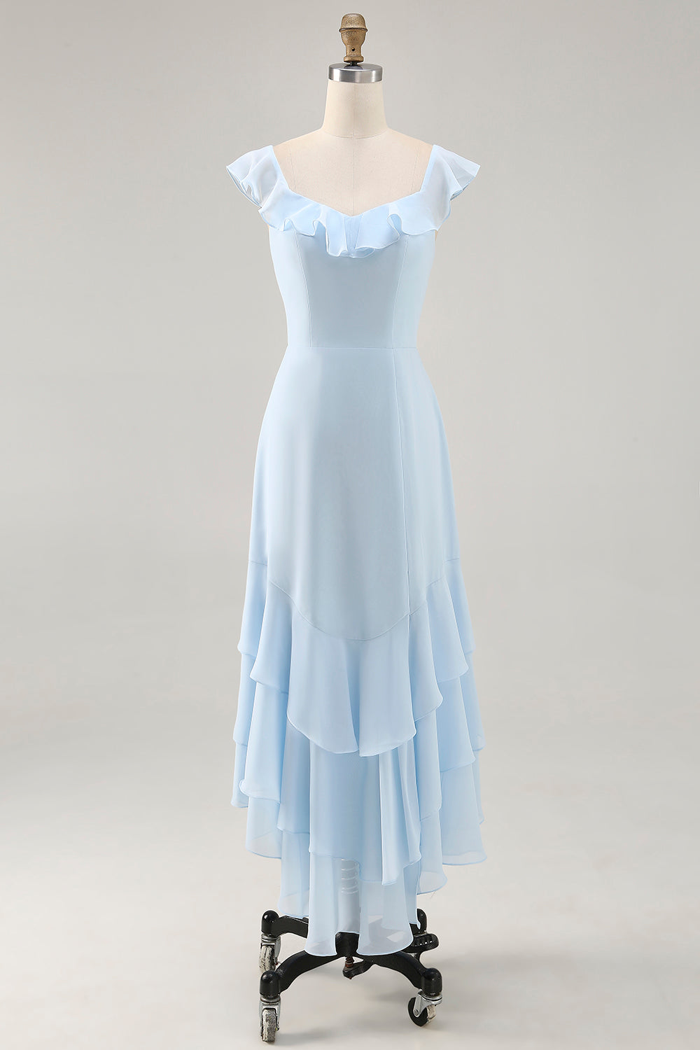 Sky Blue Ruffled Scoop Neck A Line Bridesmaid Dress