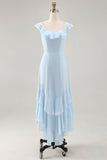 Sky Blue Ruffled Scoop Neck A Line Bridesmaid Dress