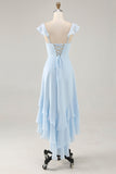 Sky Blue Ruffled Scoop Neck A Line Bridesmaid Dress