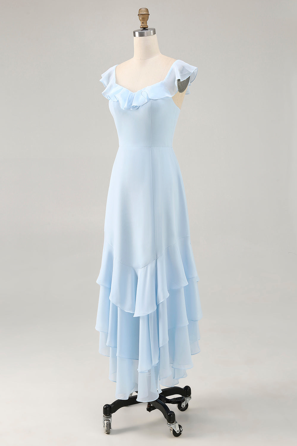 Sky Blue Ruffled Scoop Neck A Line Bridesmaid Dress