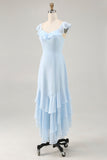 Sky Blue Ruffled Scoop Neck A Line Bridesmaid Dress