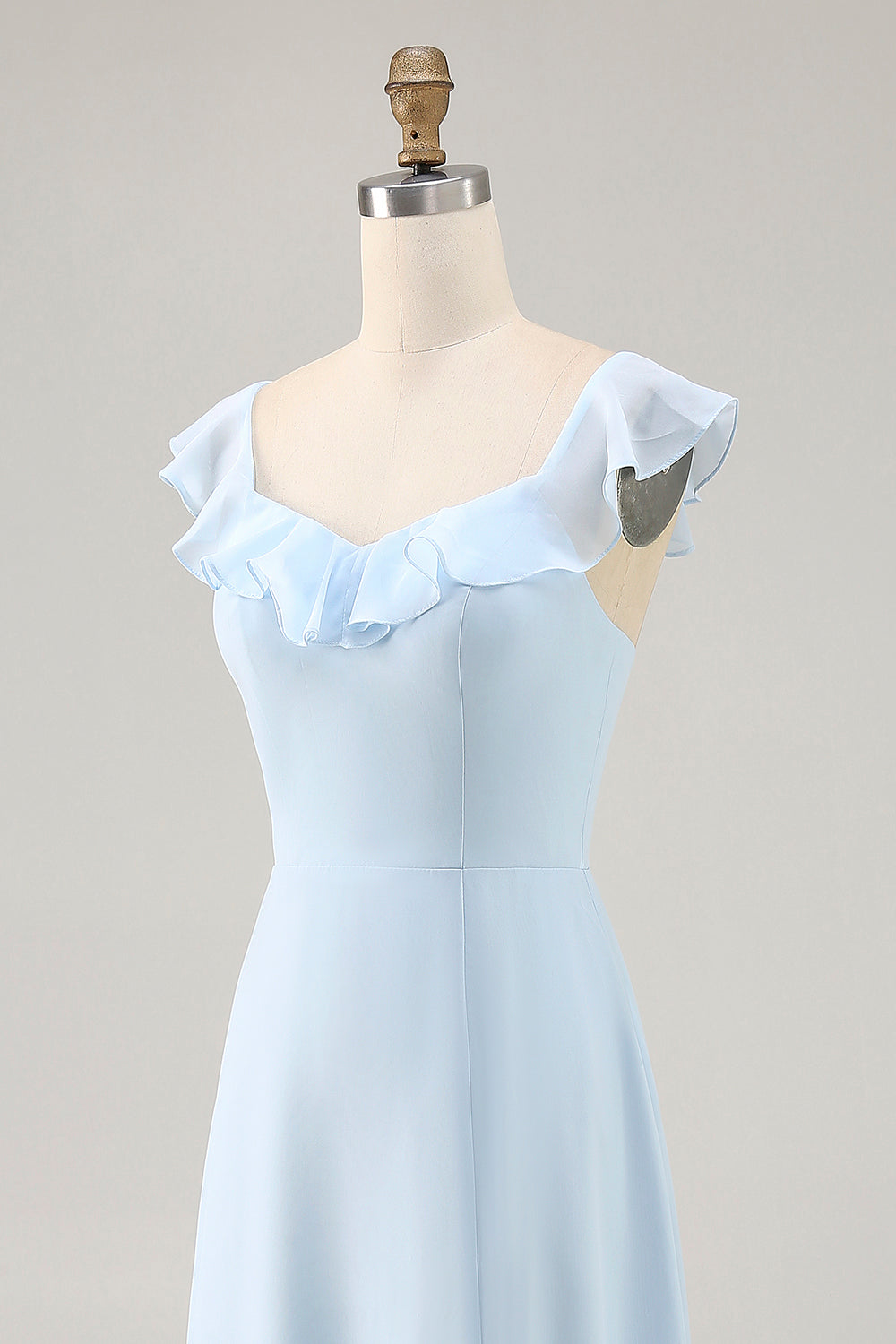 Sky Blue Ruffled Scoop Neck A Line Bridesmaid Dress