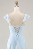 Sky Blue Ruffled Scoop Neck A Line Bridesmaid Dress