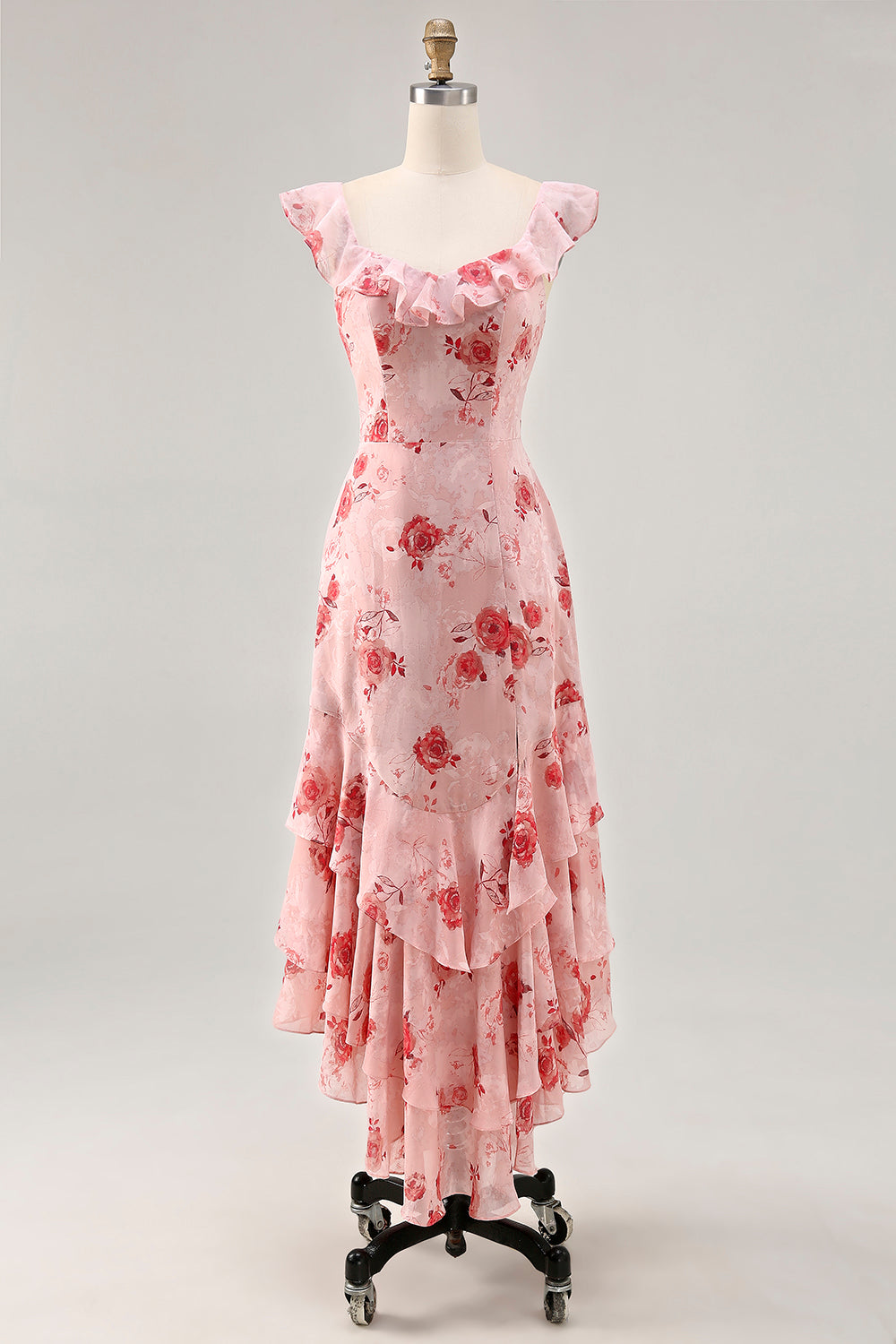 Printed Pink Flower A Line Ruffled Wedding Guest Dress