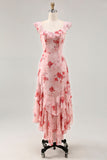 Printed Pink Flower A Line Ruffled Wedding Guest Dress
