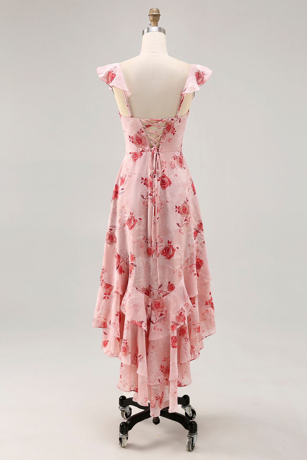 Printed Pink Flower A Line Ruffled Wedding Guest Dress