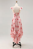 Printed Pink Flower A Line Ruffled Wedding Guest Dress