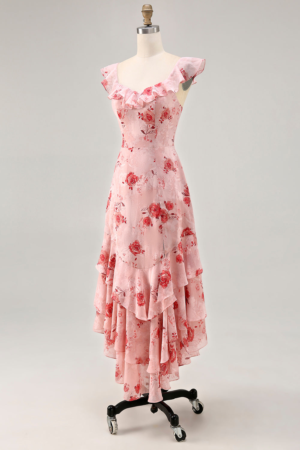 Printed Pink Flower A Line Ruffled Wedding Guest Dress