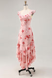 Printed Pink Flower A Line Ruffled Wedding Guest Dress