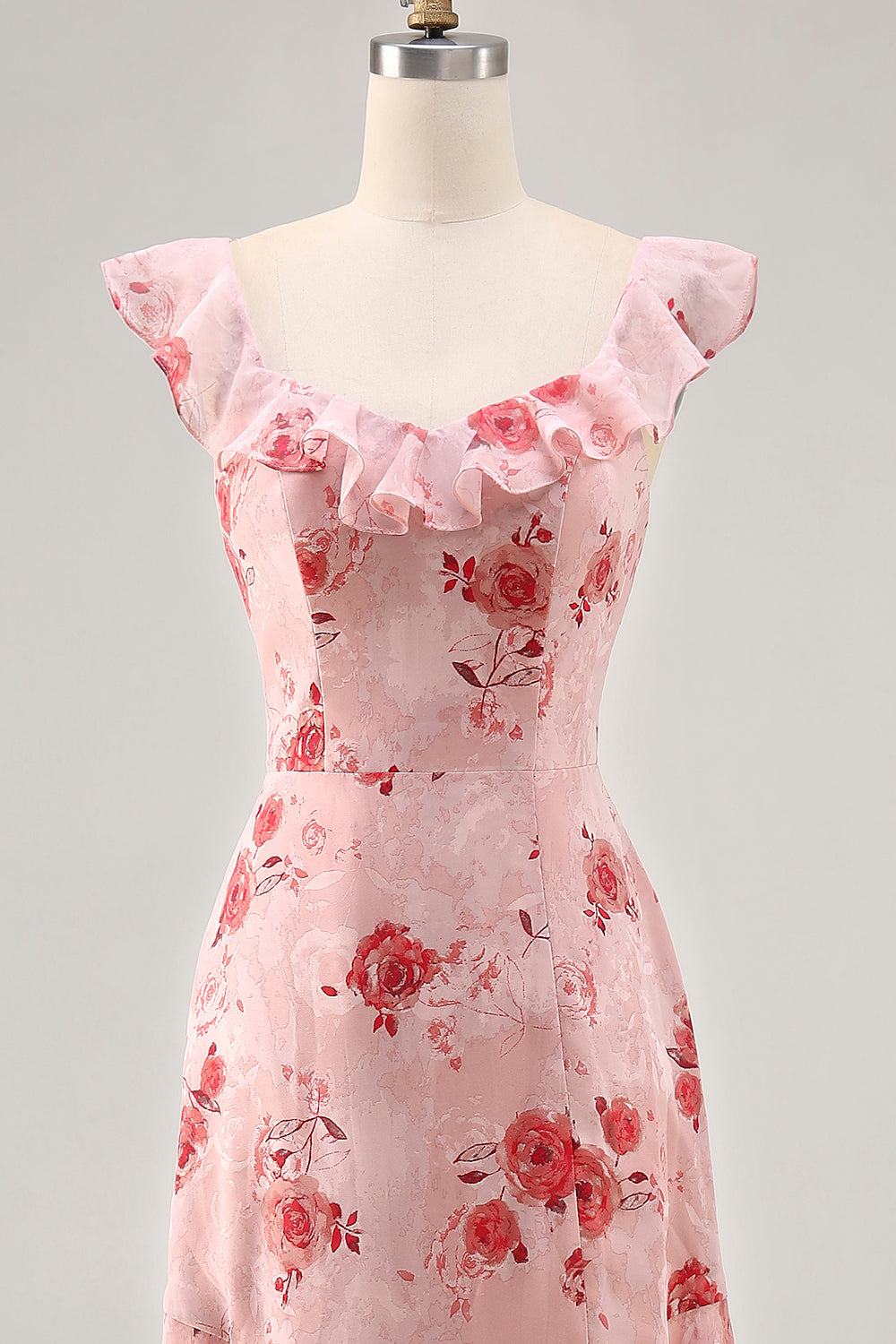 Printed Pink Flower A Line Ruffled Wedding Guest Dress
