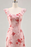 Printed Pink Flower A Line Ruffled Wedding Guest Dress