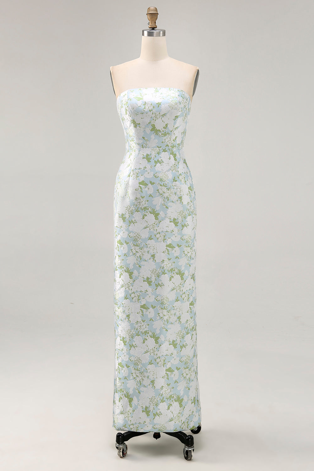 Strapless Printed White Blue Flower Sheath Bridesmaid Dress