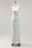 Strapless Printed White Blue Flower Sheath Bridesmaid Dress