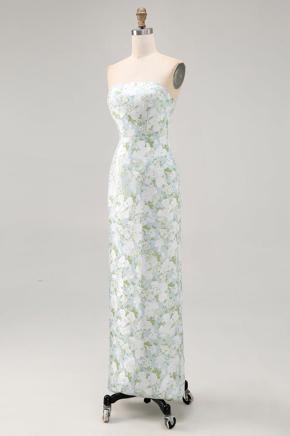 Strapless Printed White Blue Flower Sheath Bridesmaid Dress