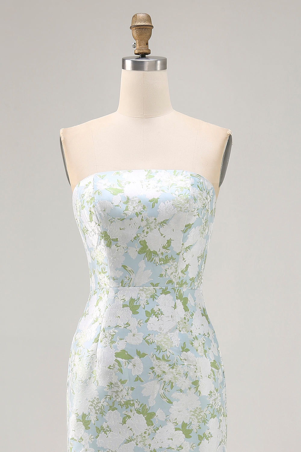 Strapless Printed White Blue Flower Sheath Bridesmaid Dress