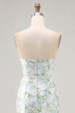 Strapless Printed White Blue Flower Sheath Bridesmaid Dress