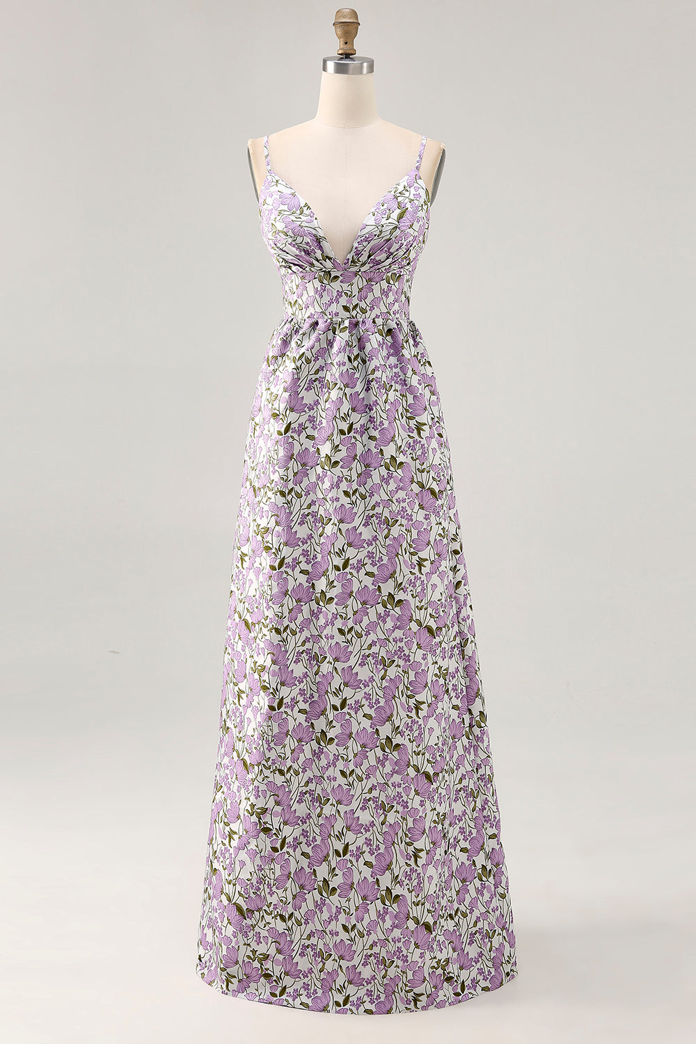 Purple Flower A Line Printed Spaghetti Straps Wedding Guest Dress