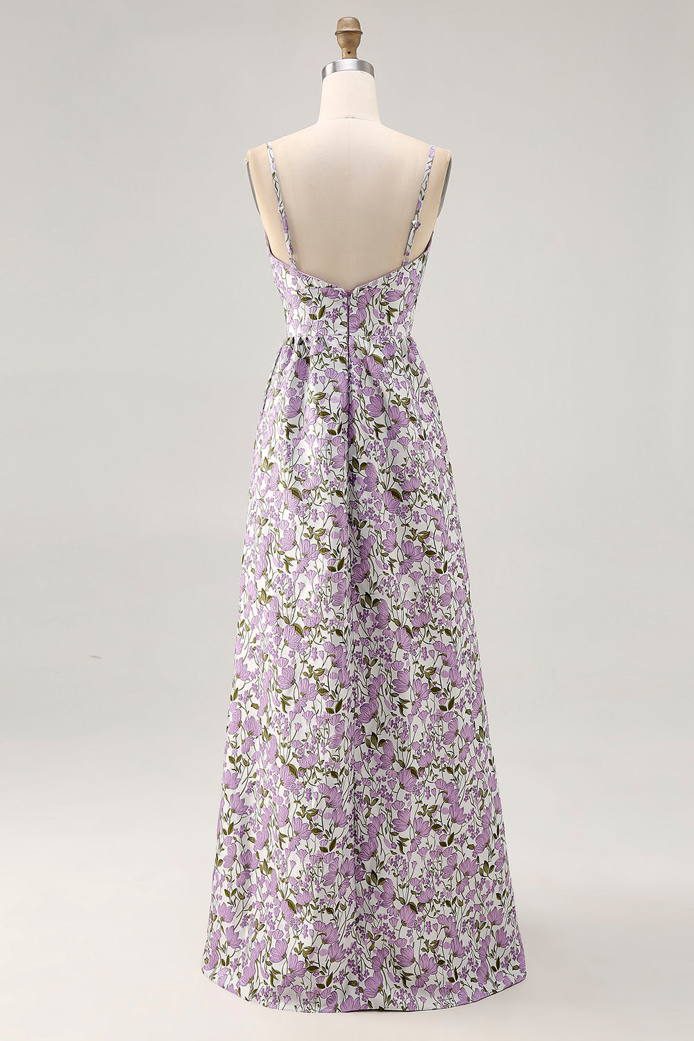 Purple Flower A Line Printed Spaghetti Straps Wedding Guest Dress