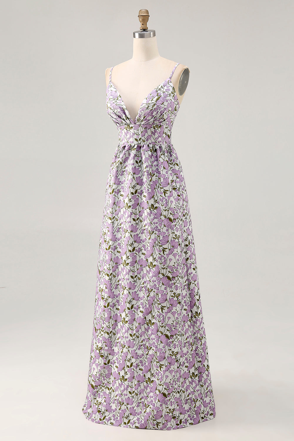 Purple Flower A Line Printed Spaghetti Straps Wedding Guest Dress