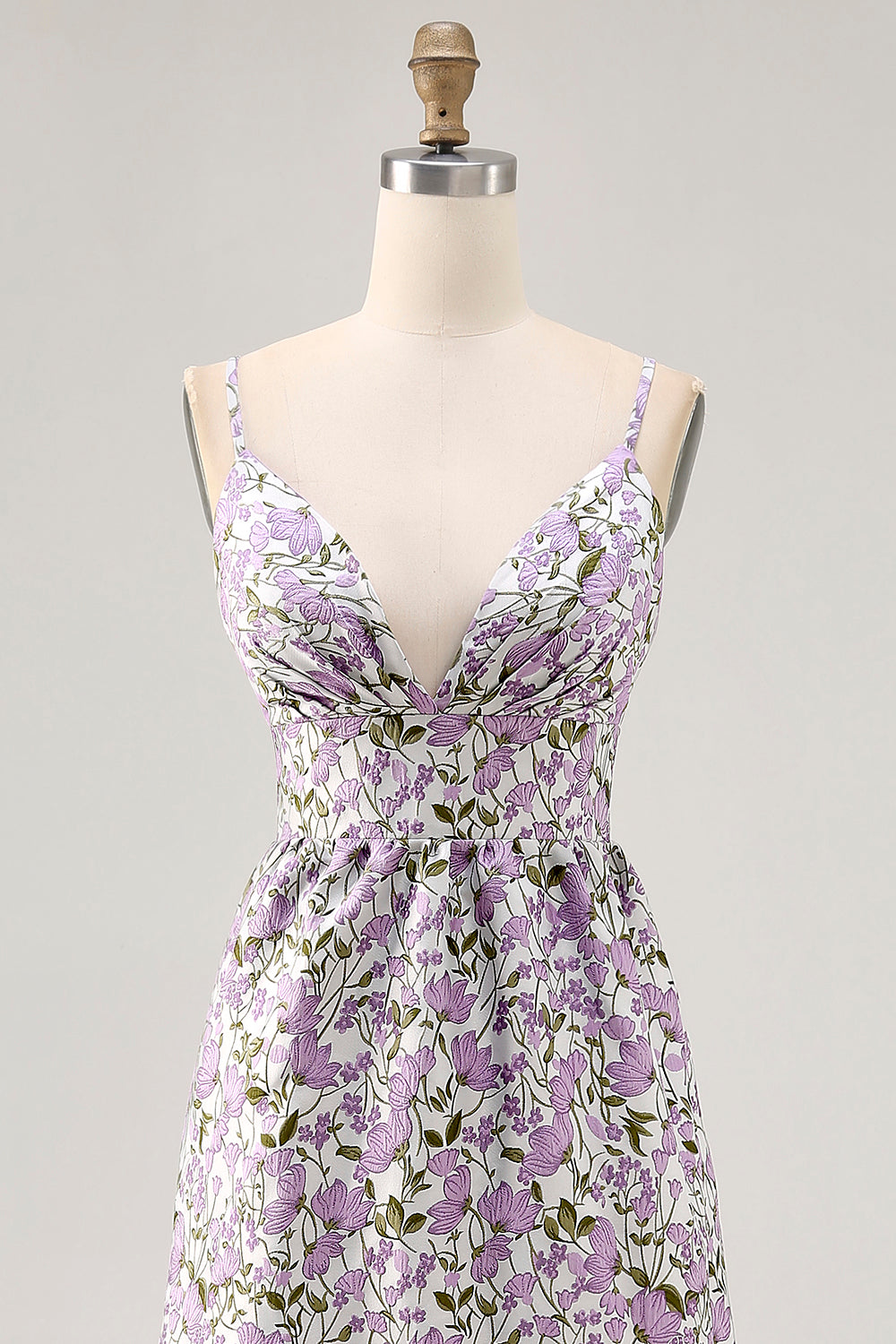 Purple Flower A Line Printed Spaghetti Straps Wedding Guest Dress