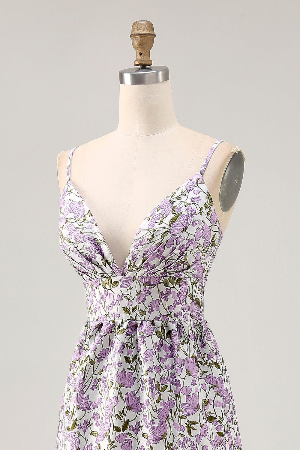 Purple Flower A Line Printed Spaghetti Straps Wedding Guest Dress