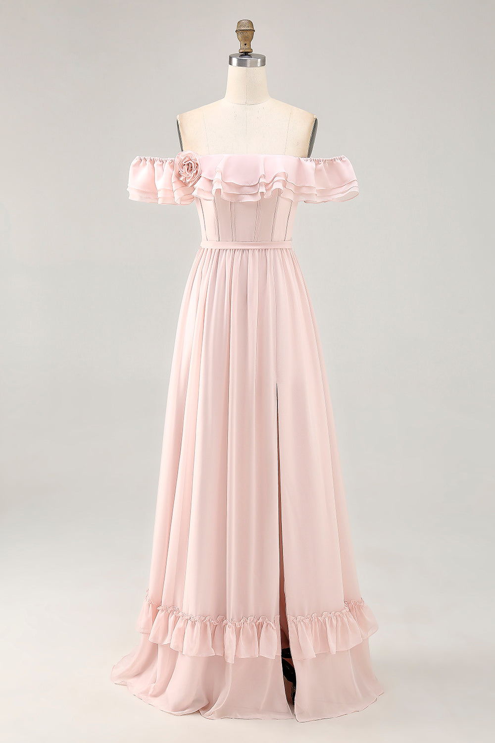 Off The Shoulder Blush Ruffled A Line Bridesmaid Dress with Slit