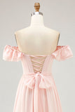 Off The Shoulder Blush Ruffled A Line Bridesmaid Dress with Slit