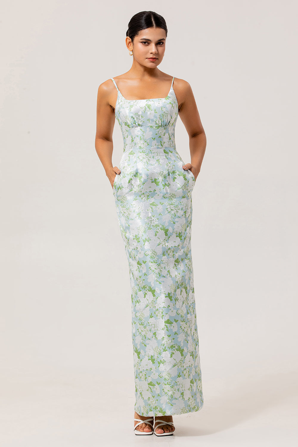 Blue White Floral Spaghetti Straps Printed Sheath Bridesmaid Dress