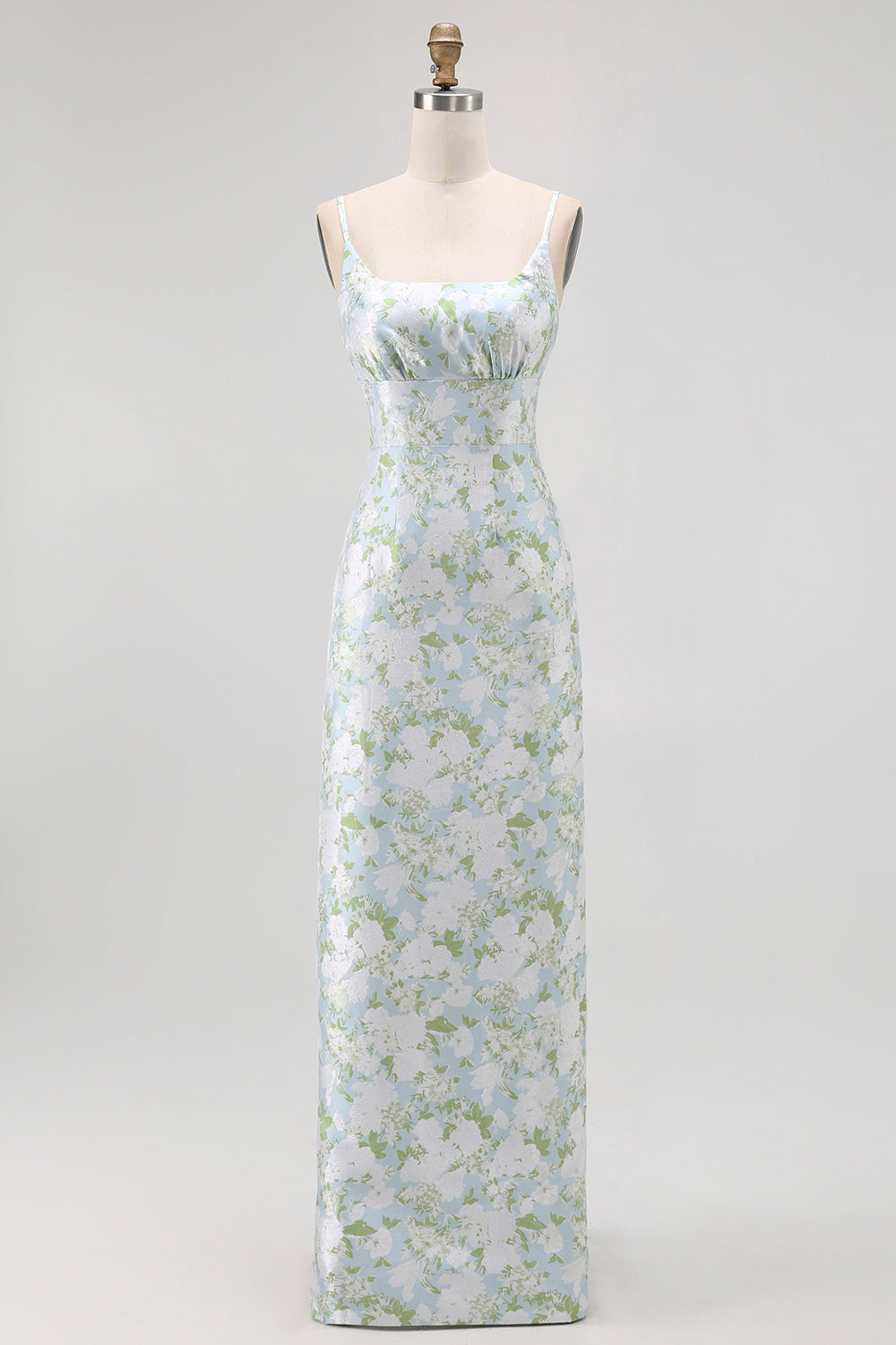 Blue White Floral Spaghetti Straps Printed Sheath Bridesmaid Dress