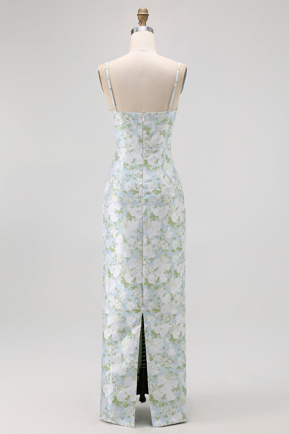 Blue White Floral Spaghetti Straps Printed Sheath Bridesmaid Dress