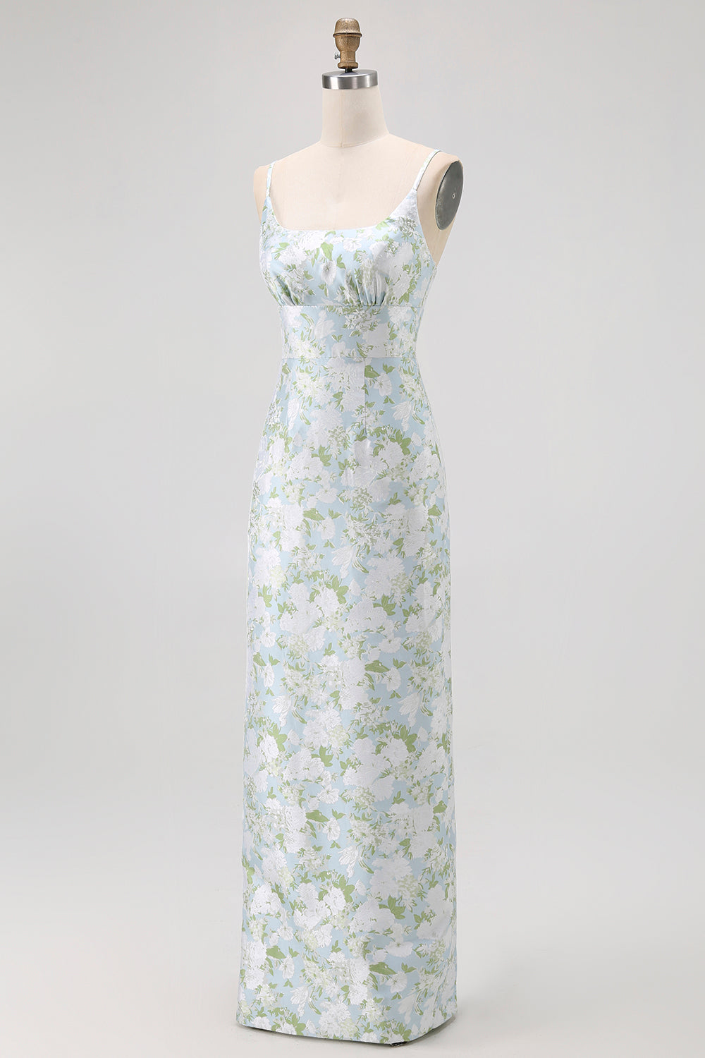 Blue White Floral Spaghetti Straps Printed Sheath Bridesmaid Dress