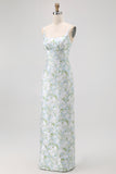 Blue White Floral Spaghetti Straps Printed Sheath Bridesmaid Dress