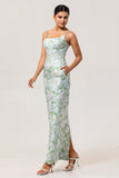 Blue White Floral Spaghetti Straps Printed Sheath Bridesmaid Dress