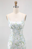 Blue White Floral Spaghetti Straps Printed Sheath Bridesmaid Dress
