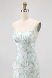 Blue White Floral Spaghetti Straps Printed Sheath Bridesmaid Dress