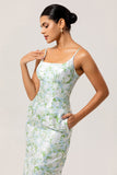 Blue White Floral Spaghetti Straps Printed Sheath Bridesmaid Dress