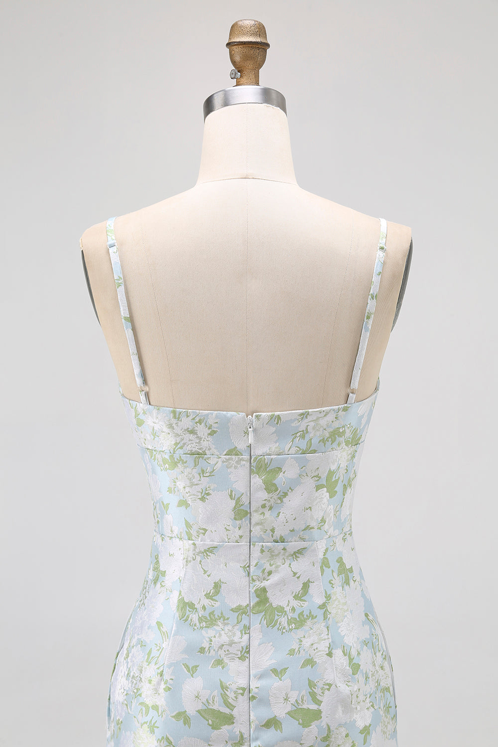 Blue White Floral Spaghetti Straps Printed Sheath Bridesmaid Dress