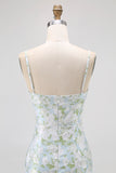 Blue White Floral Spaghetti Straps Printed Sheath Bridesmaid Dress