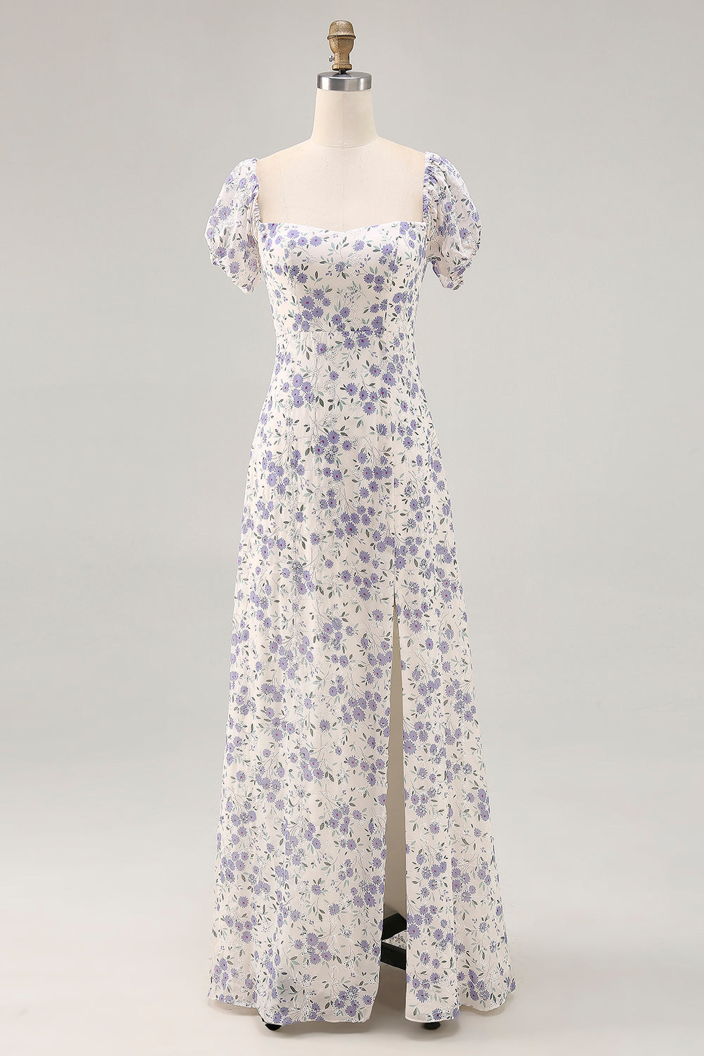 A Line Printed Blue Flower Long Wedding Guest Dress with Slit