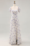 A Line Printed Blue Flower Long Wedding Guest Dress with Slit