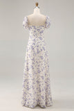 A Line Printed Blue Flower Long Wedding Guest Dress with Slit