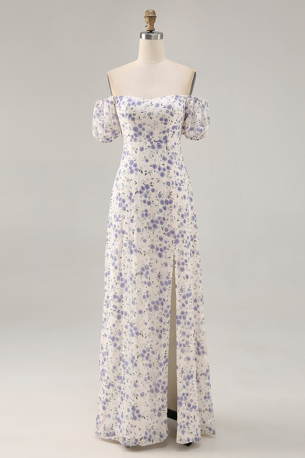 A Line Printed Blue Flower Long Wedding Guest Dress with Slit