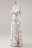 A Line Printed Blue Flower Long Wedding Guest Dress with Slit