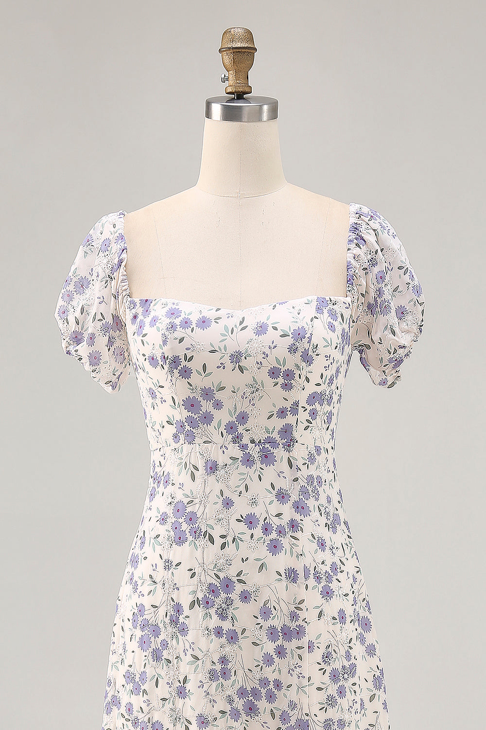 A Line Printed Blue Flower Long Wedding Guest Dress with Slit