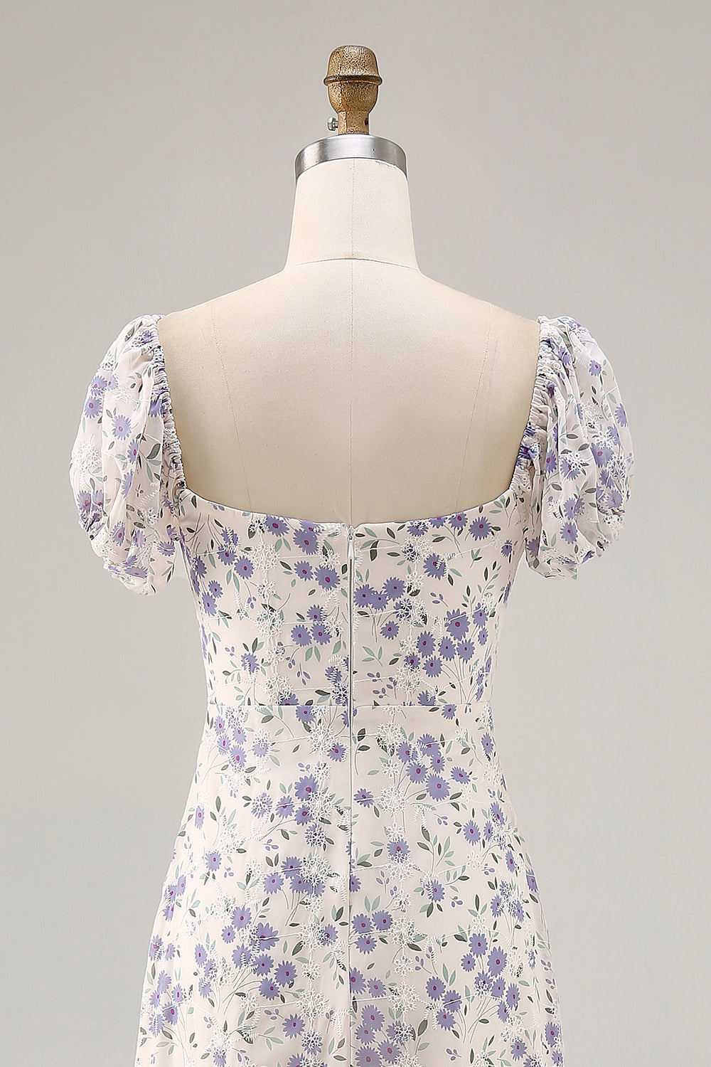 A Line Printed Blue Flower Long Wedding Guest Dress with Slit